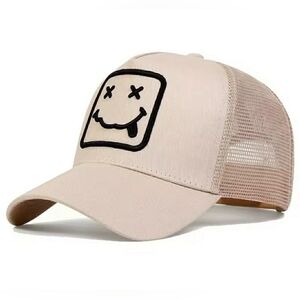 Beige Trucker Hat with Smiley Face Unisex XX Tongue Sticking Embroidery Baseball